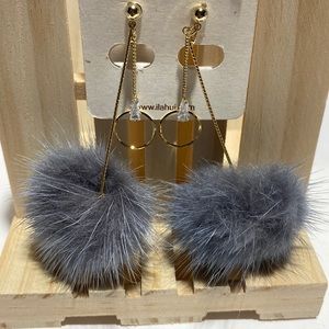 Fashion Jewelry Gold  Rhinestone and Gray Poof Ball Dangle Clip on Earrings